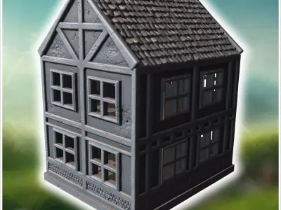 Narrow wooden building with a stone foundation steep roof and de 3D print model