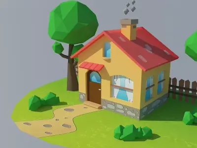 Low Poly House with trees and grass Low-poly 3D model