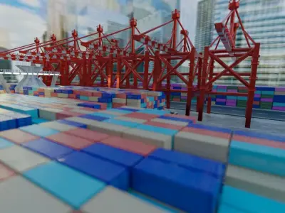 Realistic Port Terminal with cargo-container 3D model