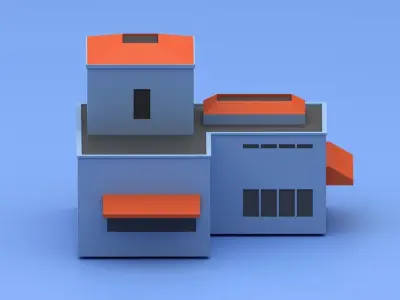 Blue-Red Low poly house exterior Low-poly 3D model