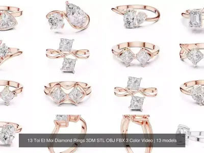 13 Toi Et Moi Diamond Rings 3DM STL OBJ FBX 3 Color Video 3D Model Pack
