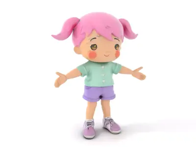 Cute PinkHaired Child Character Model  Rigged and Animated Low-poly 3D model