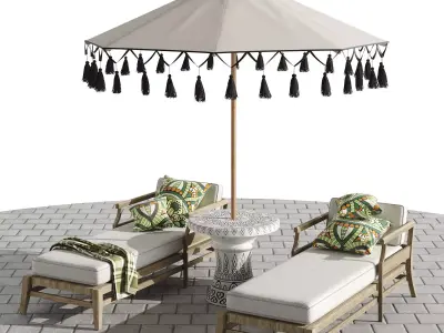 Beach umbrella and chaise longue set 3 3D model