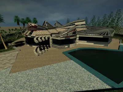 Villa futuristic house with palm trees 3D model