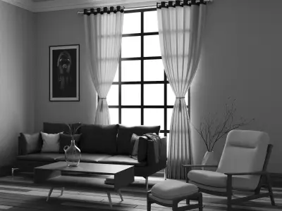 Modern Living  Room set - with curtain Low-poly 3D model