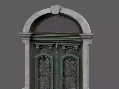 Green Wooden Door With Metallic Ornament On Windows Low-poly 3D model