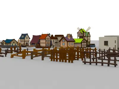 cartoon house bridge fence Low-poly 3D model