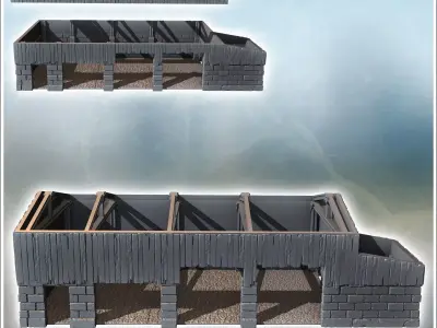 Stone and wooden industrial building with metal beams without a  3D print model