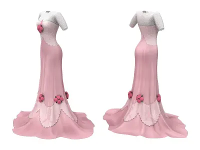 Roses Elegant Floor Length Gown Low-poly 3D model