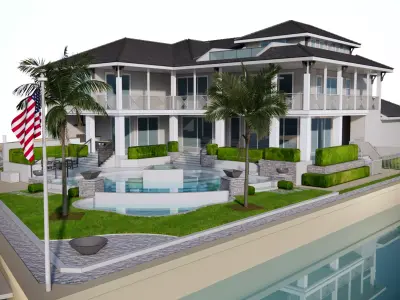 Luxury Waterfront Mansion  with Dock and Pool - High Detail Low-poly 3D model
