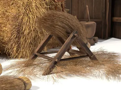 Hand painted medieval stylized farmhouse and farming tool thatch Low-poly 3D model