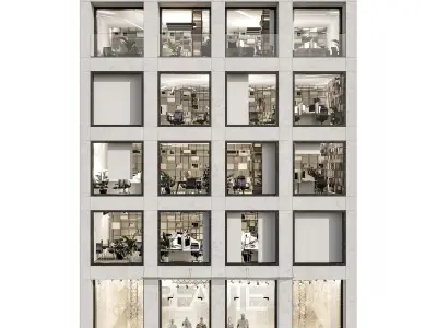 Modern office facade 01 at night with simple interiors 3D model