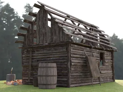 barn4 log cabin in middle of grassy field Low-poly 3D model