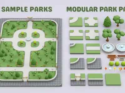 Cartoon Low Poly Modular Park Pack Low-poly 3D model