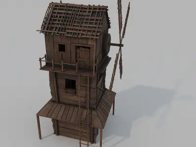 Medieval Wooden Windmill PBR Low-poly 3D model