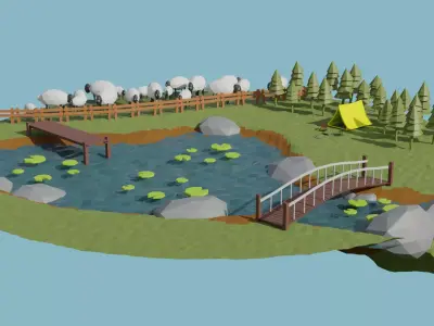 island with bridge and pond 3D model