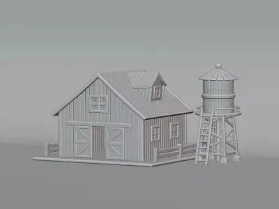 Hybrid Barn with Water Tank Low-poly 3D model