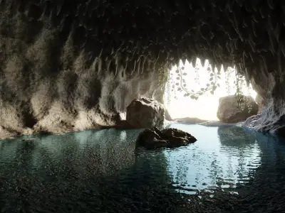 Cave V9 - Rocky Cavern with Water Feature and Vegetation 3D model