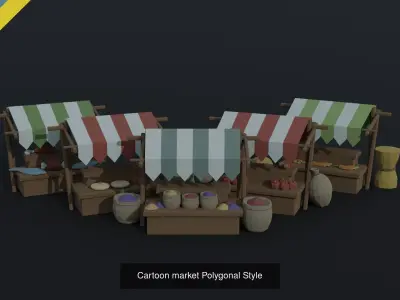 Cartoon medieval city markets Polygonal Style 3D Model Pack