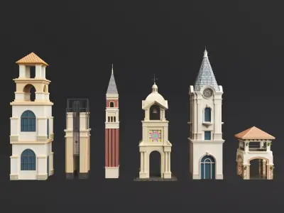 Stylized Tower Pack Clock Towers Bell Towers Lighthouse Models Low-poly 3D model