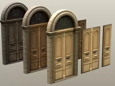 Entrance Wooden Double Door realistic with window Low-poly 3D model