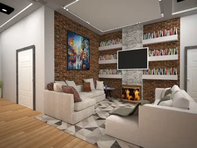 livingroom living room with fireplace and bookshelves 3D model