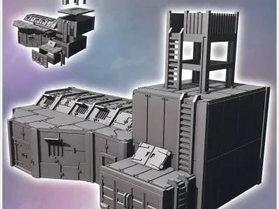 Futuristic fortified base with steel walls and observation tower 3D print model