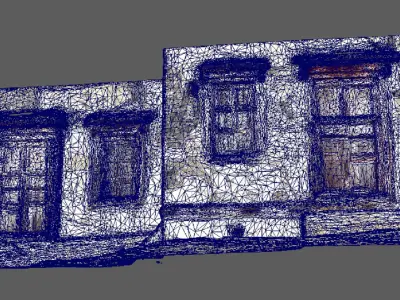 A ruined house wall with windows on sides  doors in the center 3D model