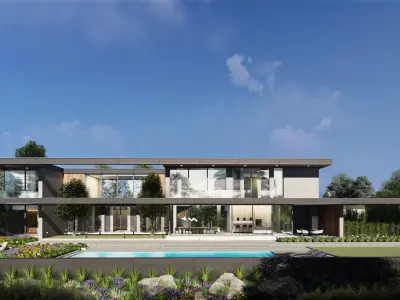 Mordern House Exterior Scene with Furniture and 2D Drawing 3D Model Pack