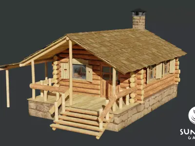 Small Log Cabin with Interior Fireplace Doors and Windows Low-poly 3D model