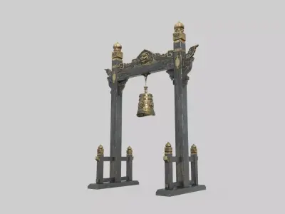 Ancient Asian architectural copper bells and torii gates 3D model