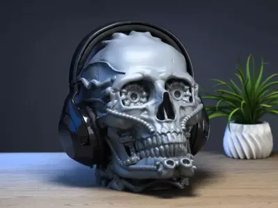 Robot Skull Headphone Stand Cyborg Headset Stand 3D print model 4