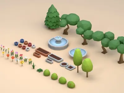 Cartoon Low Poly Trees Flowers Pack Low-poly 3D model