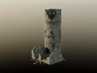 Low Poly Ruined Medieval Tower  Game Ready 3D Asset Low-poly 3D model