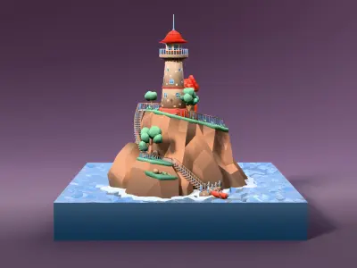 Cartoon low-poly lighthouse on a rocky island Low-poly 3D model
