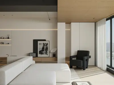 Modern Minimalist Wood Tone Living Room Interior Scene 3D model