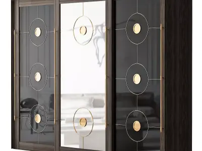Wardrobe 3d model with glass doors and gold accents Low-poly 3D model
