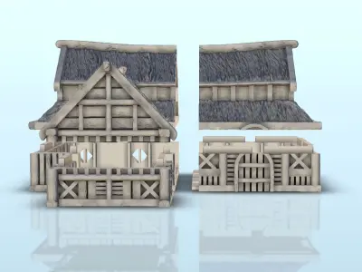 Large medieval house with multi-floored thatched roof 8 3D print model