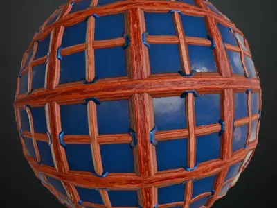 Stylized Wooden Window Frame with Blue Glass PBR Seamless Texture