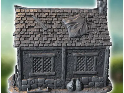 Medieval house with half-timbered walls tiled roof and fireplace 3D print model