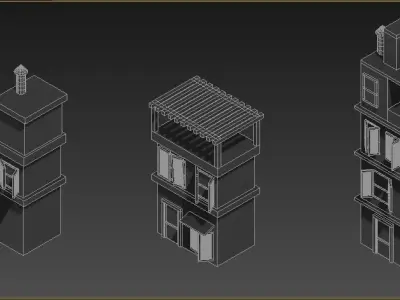 Buildings set for simple games Low-poly 3D model
