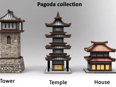 Pagoda collection asian style lighthouse Low-poly 3D model