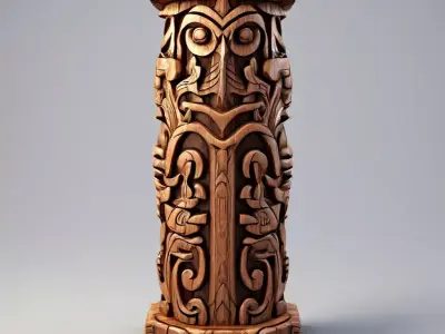 Intricate Carved Wooden Totem Pillar Low-poly 3D model