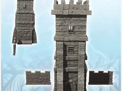 Medieval cut stone defense tower with adjoining walls 13 - Medie 3D print model