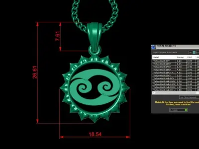 Sun Cancer Light Gold Pendant Version 7 3D print model