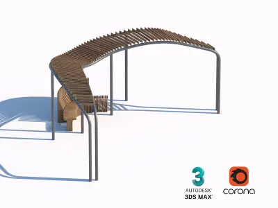 Curved Wood and Metal Pavilion with Bench Seating 3D model