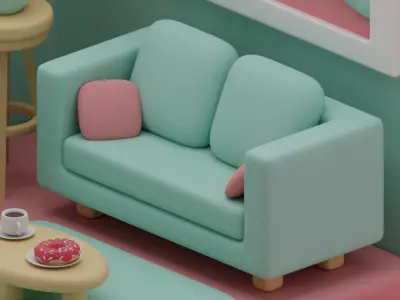 Stylized Isometric Living Room - Blue Version Free 3D model