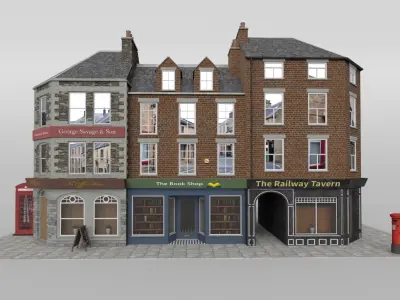 Uk town buildings with telephone and post box Low-poly 3D model