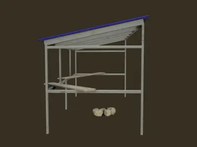 Bus Shelter with Metal Frame Blue Sheet Makeshift Plank Seats Low-poly 3D model