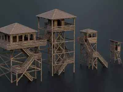 Wooden observation towers in a modern style 4 pcs Low-poly 3D model